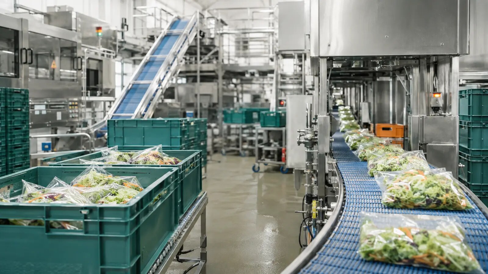 Modern food production line with packaged vegetables and controlled material flows
