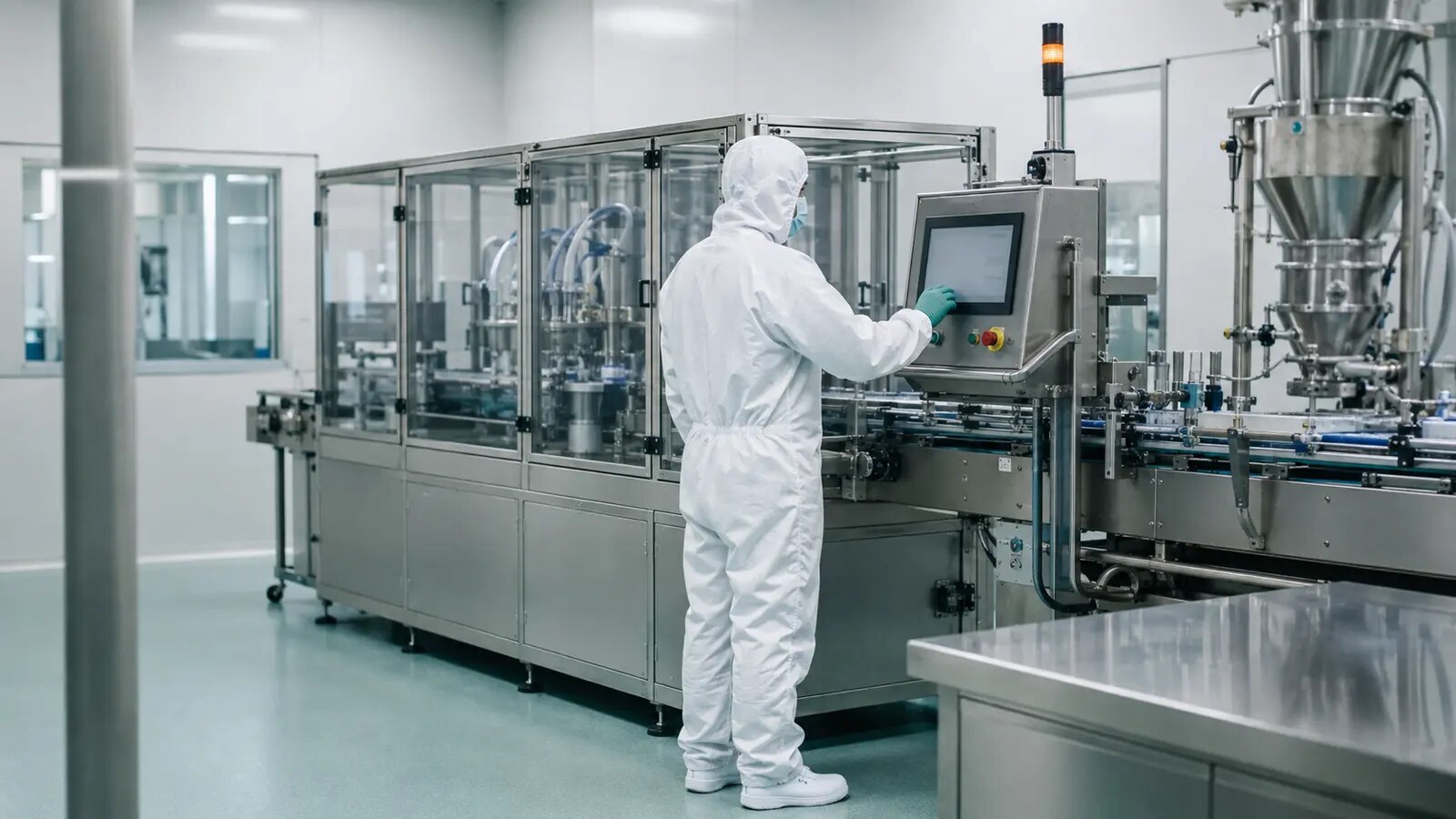 Operator controls a production line in a pharmaceutical cleanroom